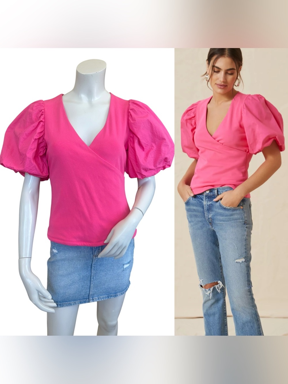 Anthropologie Maeve Pink Deep V Faux Wrap Puff Sleeve Blouse Size Small